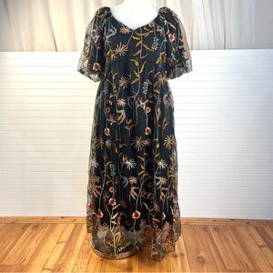 Polagram Sheer Mesh Overlay Embroidered Maxi Dress Pockets Puff Short Sleeves 2X